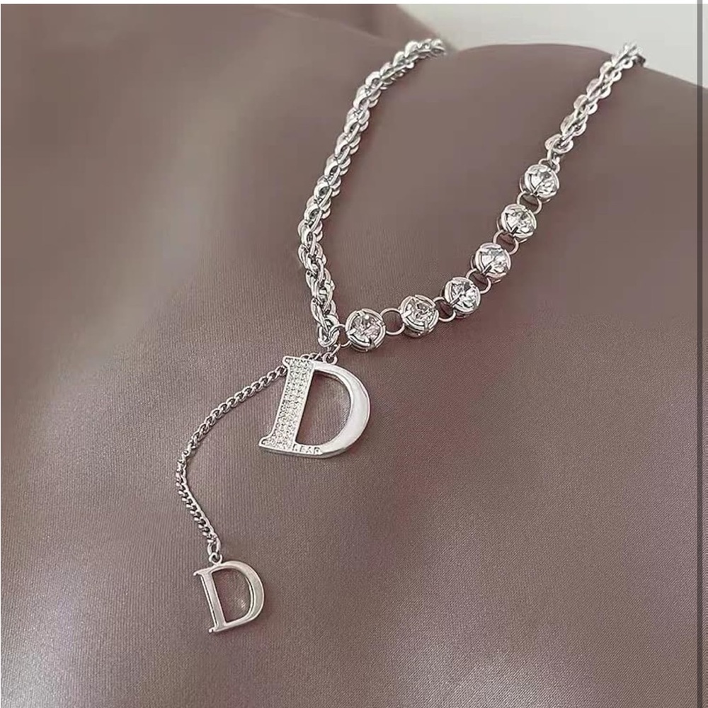 Micro setting Zircon D letter pendant 24” necklace Sterling Silver